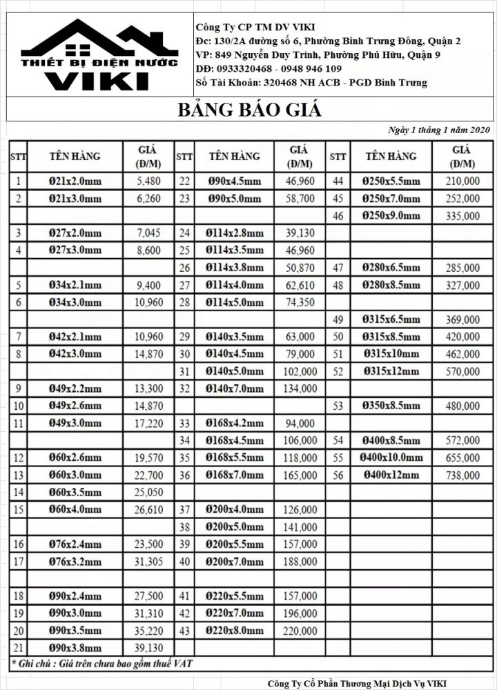 Bang Gia Ong Nhua Upvc Quoc Trung Gia Re