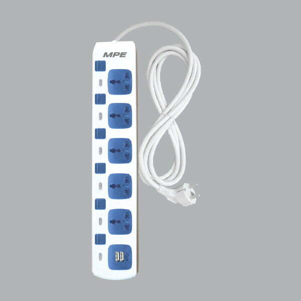 2mpe-am5s-2usb Ổ cắm di động dây 3m 5 ổ cắm đa năng, 2 ổ sạc USB 5Vdc-2.4A MPE AM5S-2USB