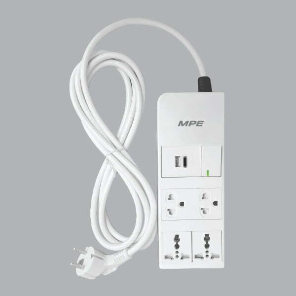2mpe-am6s4 Ổ cắm di động dây 3m kèm công tắc 1 chiều, 1 ổ sạc USB Type C, 2 ổ cắm 3 chấu, 2 ổ cắm đa năng 1.5 MPE AM6S4