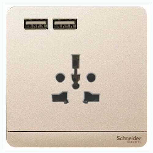 2sch-e8342616usb_wg_g19 Bộ ổ cắm AvatarOn đa năng và sạc USB đôi màu vàng ánh kim Schneider E8342616USB_WG_G19