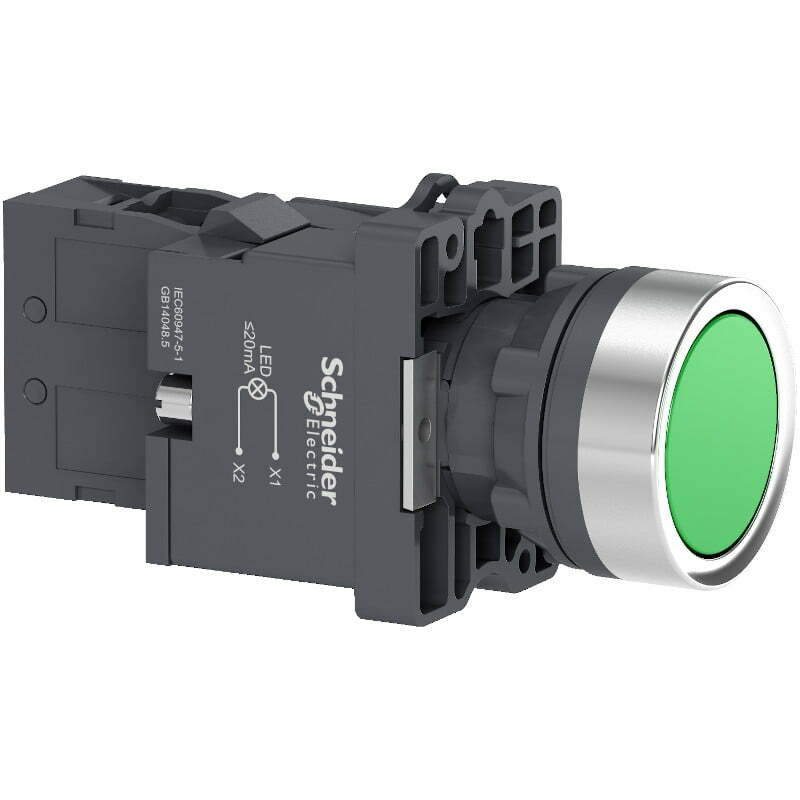 4sch-xa2ew33m1 Nút nhấn nhả có đèn báo Ø22 LED 220Vac, 1NO, màu xanh lá Schneider XA2EW33M1