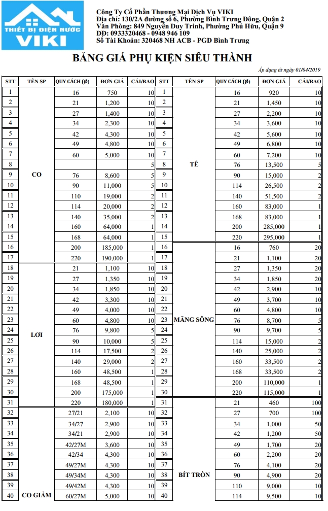 Bảng giá phụ kiện Siêu Thành