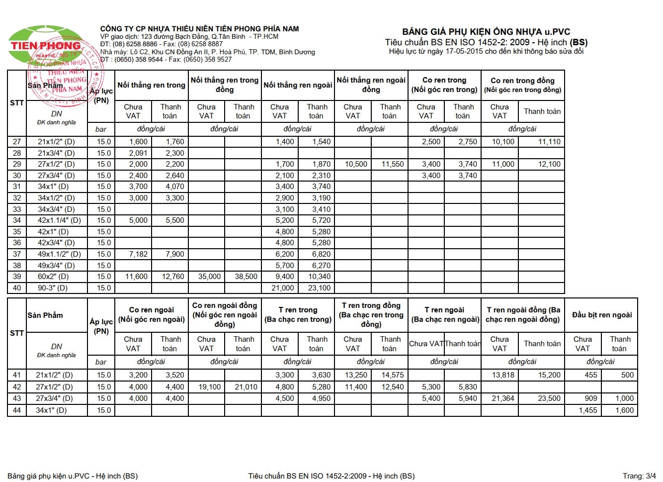 bang gia ong nhua Tien Phong PVC he inch thang 3
