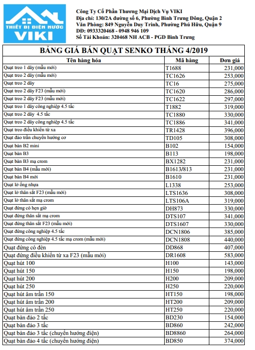 Bảng giá quạt senko