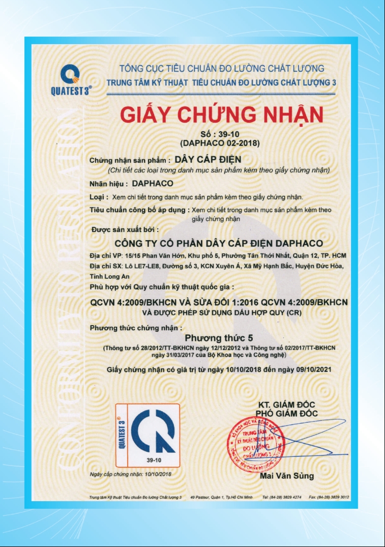 giấy chứng nhận chất lượng dây điện LION