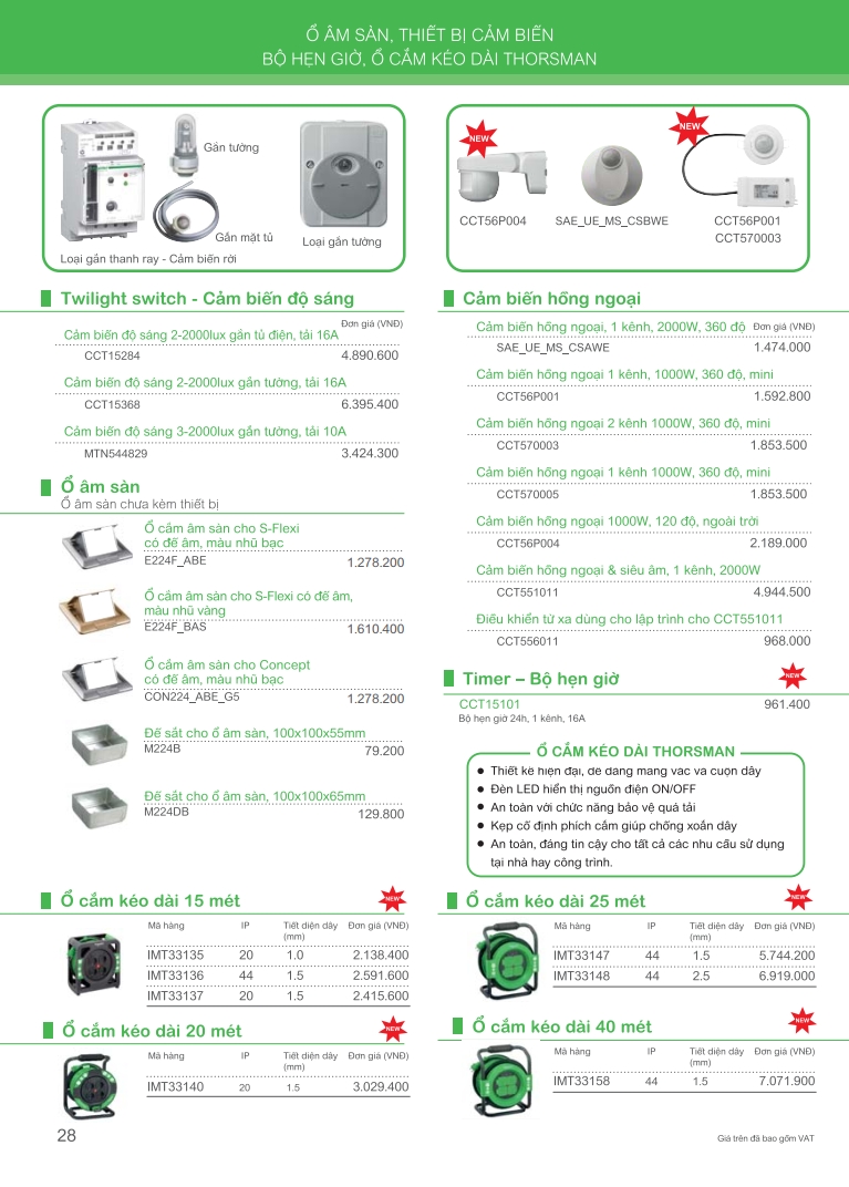 Ổ cắm âm sàn, thiết bị cảm biến, bộ hẹn giờ, ổ cắm kéo dài Thorsman 28